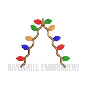 May include: An embroidery design of a Christmas tree made of brown branches with colorful lights. The lights are red, green, blue, and yellow. The design is perfect for adding a festive touch to your holiday projects.