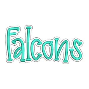 May include: A teal-coloured word art design that says "Falcons" in a playful, bubble-style font. The letters are outlined in black, creating a 3D effect. The design is set against a clean white background.