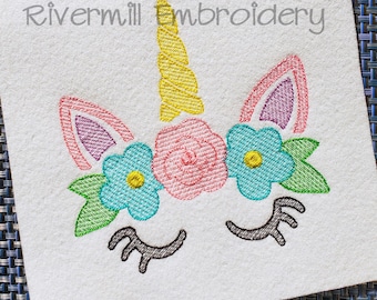 Sketch Style Unicorn With Flowers Machine Embroidery Design - 4 Sizes