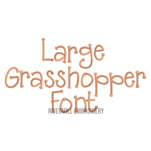May include: Large Grasshopper Font embroidery design in a brown color. The text is in a whimsical, handwritten style.