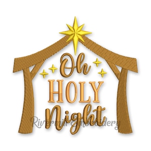 May include: Embroidered design of a wooden manger with a star on top and the text "Oh Holy Night".