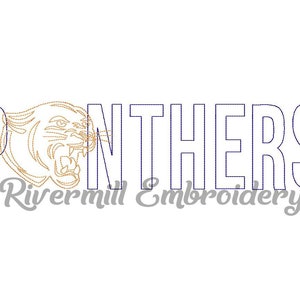 May include: Embroidered design of a panther head with the word "PANTHERS" in white outlined letters. The text "Rivermill Embroidery" is below the design.