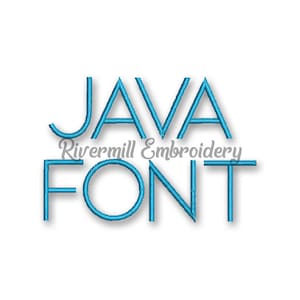 Pode incluir: Um design de bordado digital com as palavras "JAVA FONT" em azul turquesa, com uma fonte estilizada. O texto "Rivermill Embroidery" está em uma fonte cinza menor sob a palavra "JAVA". O design está em um fundo branco.