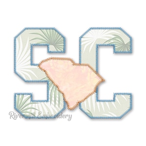 May include: Embroidered applique of the letters "SC" in a light green and blue color scheme. The letters are outlined in blue and filled with a light green pattern. The letter "C" has a pink outline of the state of South Carolina inside it.