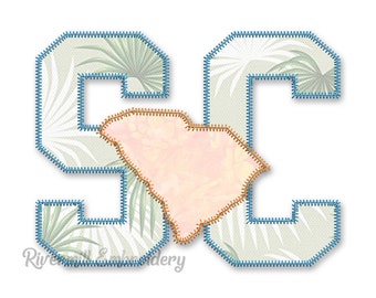 SC South Carolina Letters & State Zig Zag Applique Machine Embroidery Design - 4 Sizes