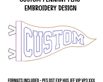 Custom Name Bean Stitch Pennant Flag Applique Machine Embroidery Design - Made To Order