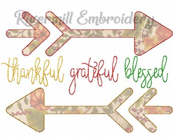 Diseño de bordado a máquina "Agradecido, agradecido, bendecido" con apliques deshilachados - 4 tamaños - Descarga instantánea - Archivo digital PES DST - Rivermill Embroidery