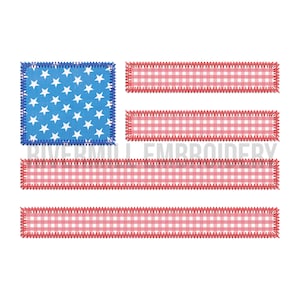 Op de afbeelding: Geborduurd Amerikaans vlagontwerp met een blauw vierkant met witte sterren en rood-wit gestreepte secties. De vlag is gestikt met een decoratieve rand. De tekst "RIVERMILL EMBROIDERY" staat onderaan.