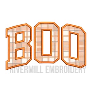 May include: The word "BOO" in orange, plaid-patterned letters with an orange outline. The letters are in a bold, blocky font. The text "RIVERMILL EMBROIDERY" is below the word "BOO".