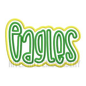 May include: Green and yellow embroidered design of the word "Eagles" with a white outline.