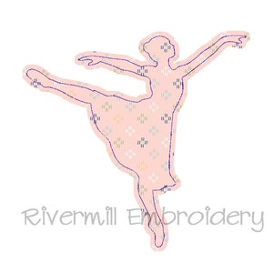 May include: A pink silhouette of a ballerina in a patterned dress, with a blue outline. The ballerina is in a pose with one leg extended and the other leg bent. The image has the text "Rivermill Embroidery" at the bottom.