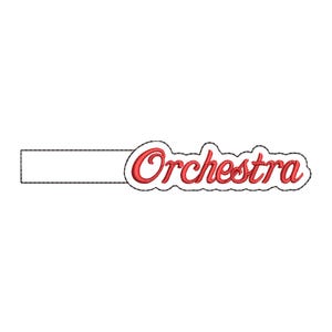 May include: A white rectangular bar with the word "Orchestra" in red script lettering. The word is outlined in black and has a white border. The background is plain white.