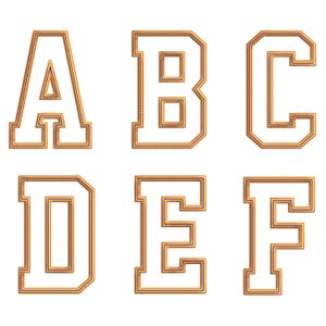 May include: Six varsity-style letters: A, B, C, D, E, and F. Each letter has a tan border with a stitched dark brown outline, and a white interior. The letters are displayed against a white background.