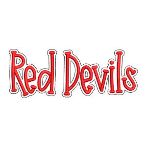 May include: Red Devils text in a playful, cursive font. The letters are a vibrant red with a black outline and a white border, set against a clean white background. This design is suitable for apparel or team merchandise.