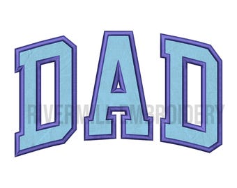 May include: Embroidered design featuring the word "DAD" in a light blue color with a purple outline. The letters have a collegiate style, perfect for apparel or crafts.