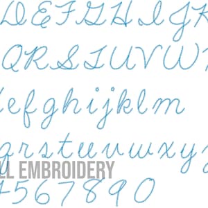 Pu&ograve; includere: Un alfabeto in corsivo blu, con lettere maiuscole e minuscole, numeri e il testo "RIVERMILL EMBROIDERY".