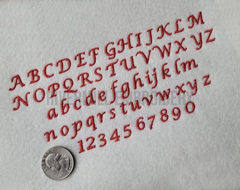 May include: A red embroidered font alphabet with uppercase and lowercase letters and numbers 1 through 9. The letters are in a cursive style.