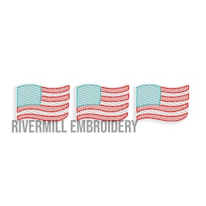 May include: Three small embroidered American flags with red and white stripes and a blue field. The flags are waving in the wind. The text "Rivermill Embroidery" is below the flags.