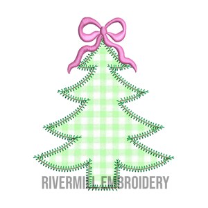 May include: Green and white gingham Christmas tree with a pink bow on top. The tree is outlined in green stitching. The text "Rivermill Embroidery" is at the bottom of the image.