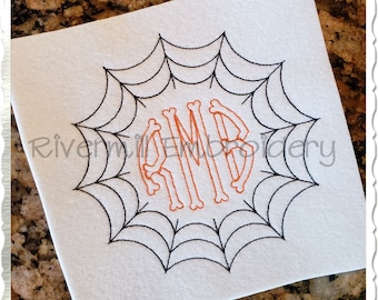 May include: White square fabric with a black spiderweb design around the edge. Inside the web is the embroidered letters "RMB" in orange, bone-like font. The text "Rivermill Embroidery" is in the lower left and right corners.