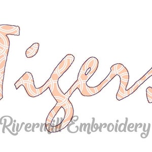 May include: A peach-colored cursive word "Tigers" with a white and peach patterned design. The word is outlined in navy blue.