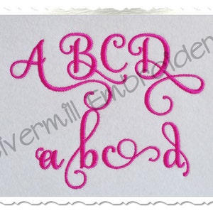 May include: A pink embroidery design of the letters A, B, C, and D in a cursive font. The letters are in uppercase and lowercase.