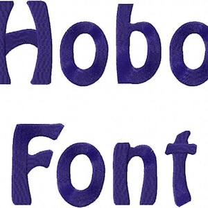 May include: Hobo Font in a purple color. The word "Hobo" is in a larger font size than the word "Font".