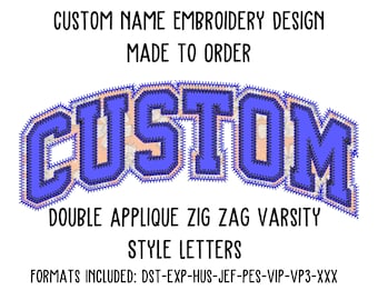 Custom Name Arched Varsity Double Zig Zag Applique Machine Embroidery Design - Made To Order
