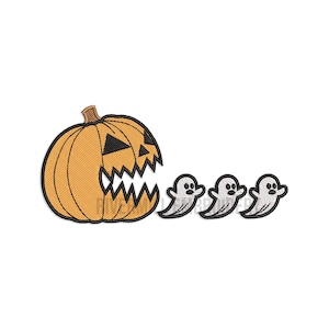 May include: Embroidered patch featuring a jack-o'-lantern with a carved face and three small, smiling ghost figures. The pumpkin is orange with a brown stem, and the ghosts are white with black details. Perfect for Halloween.