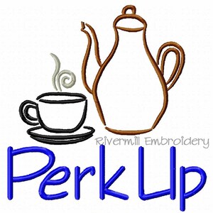 Puede incluir: Un contorno marrón de una cafetera y un contorno negro de una taza de café con vapor saliendo de ella. El texto "Perk Up" está escrito en azul debajo de la imagen. El texto "Rivermill Embroidery" está escrito en negro debajo del texto "Perk Up".