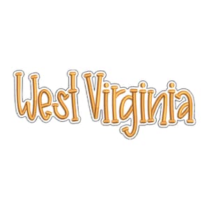 May include: Gold-colored embroidered patch with the words "West Virginia" in a whimsical, cursive font. The letters have a 3D effect with a black outline, set against a white background. Ideal for apparel or crafts.