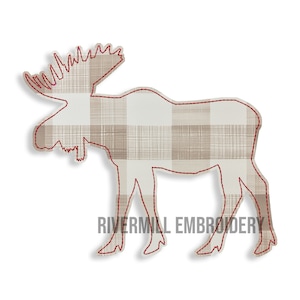 May include: A moose-shaped applique with a plaid pattern in beige and white, outlined with red stitching. The text "RIVERMILL EMBROIDERY" is printed in gray at the bottom. This decorative item is suitable for various craft projects.