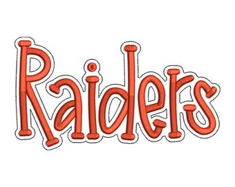 May include: The word "Raiders" in a bold, orange, stitched font with a black outline. The letters are rounded and stylized, set against a white background. The design is likely for apparel or team merchandise.