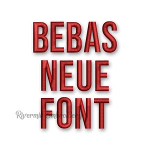 May include: Red embroidered text that reads "Bebas Neue Font".