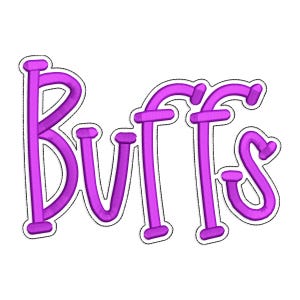 May include: A purple embroidered design with the word "Buffs" in a playful, cursive font. The letters are outlined in black and set against a white background. The design is suitable for apparel or accessories.