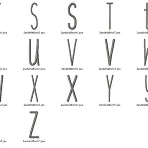 May include: A collection of embroidered lowercase letters, including r, s, t, u, v, w, x, y, and z, in a simple, elegant font. Each letter is displayed with its corresponding file name, such as "2andaHalfinchS.pes". The letters are gray.