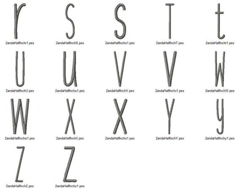May include: A collection of embroidered lowercase letters, including r, s, t, u, v, w, x, y, and z, in a simple, elegant font. Each letter is displayed with its corresponding file name, such as "2andaHalfinchS.pes". The letters are gray.