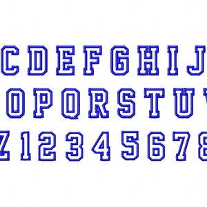Puede incluir: Un conjunto de letras may&uacute;sculas y n&uacute;meros en negrita, de color blanco con un contorno azul. Las letras y los n&uacute;meros est&aacute;n en un estilo cl&aacute;sico, universitario.