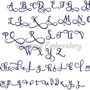 May include: A blue cursive alphabet with uppercase and lowercase letters. The letters are stylized with flourishes and swirls.