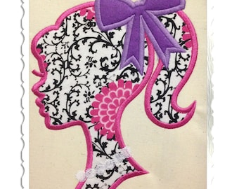 Applique Silhouette Ponytail Girl with Bow & Necklace Machine Embroidery Design - 4 Sizes