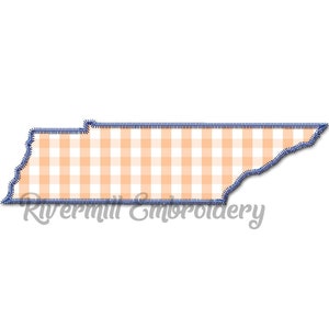 May include: An orange and white gingham pattern in the shape of the state of Tennessee. The outline of the state is stitched with a blue thread.