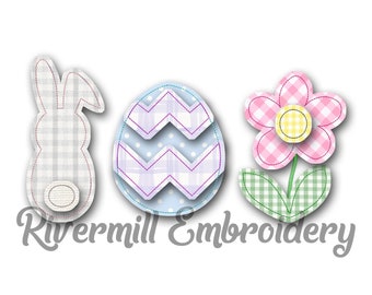 Raggy Applique Bunny Egg & Flower Easter Machine Embroidery Design - 4 Sizes - Instant Download PES DST Digital File Rivermill Embroidery