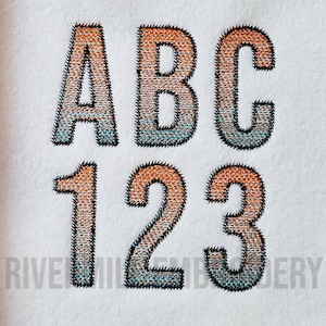 May include: Embroidered letters and numbers in a gradient of orange, peach, and blue. The letters are A, B, C, and the numbers are 1, 2, 3.