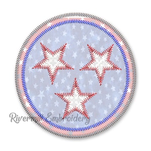 May include: A round, blue and white fabric patch with three red stars in the center. The patch has a gray, blue, and red stitched border.