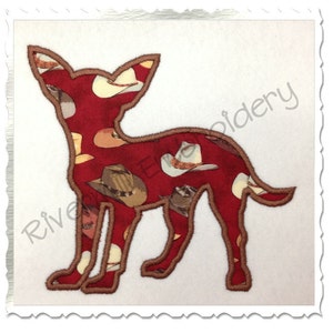 May include: A red and brown applique of a chihuahua with a cowboy hat pattern. The applique is outlined in brown thread.