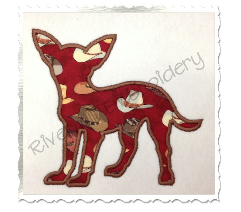 May include: A red and brown applique of a chihuahua with a cowboy hat pattern. The applique is outlined in brown thread.