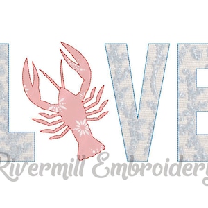 May include: Embroidered design of the word "LOVE" with a pink lobster replacing the "O". The letters are outlined in blue and have a white floral pattern.