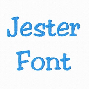 May include: Blue embroidered text that reads "Jester Font" on a white background.