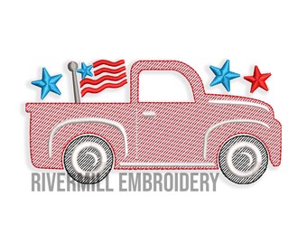 May include: Red pickup truck with a US flag on the back. The truck has white trim and black tires. There are three stars on the front of the truck, two blue and one red.