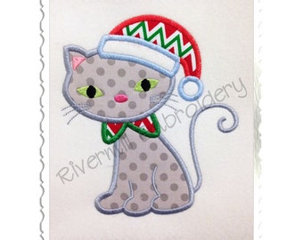 Applique Cat With Santa Hat Machine Embroidery Design - 4 Sizes